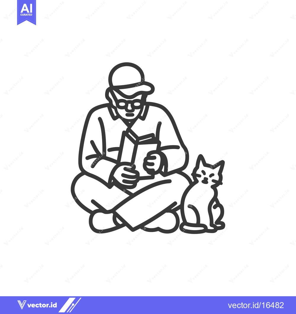 Premium Vector dari A Man Wearing Glasses and a Cap Reading a Book With a Cat Sitting Besi