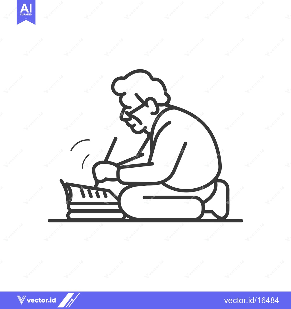 Premium Vector dari A man wearing glasses sits cross-legged, focused on writing.
