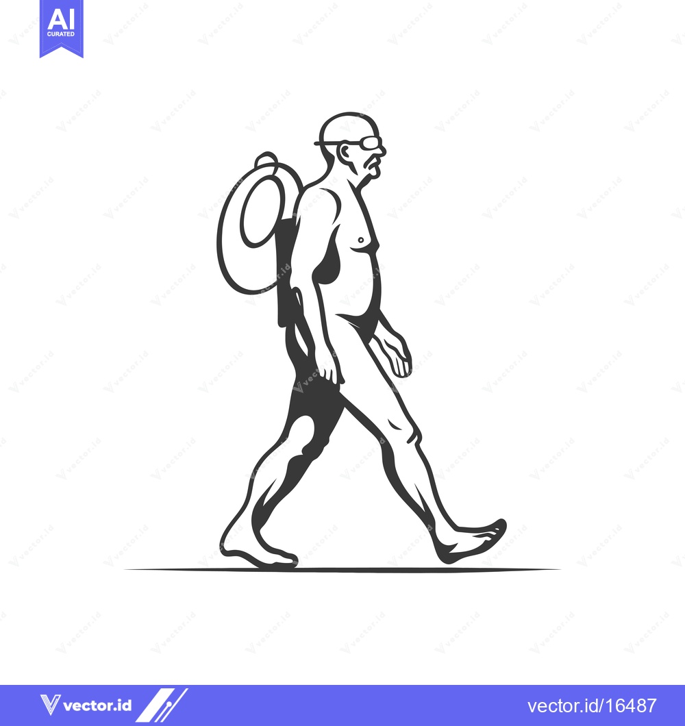 Premium Vector of A man wearing swimming goggles and a life preserver walks to the beach