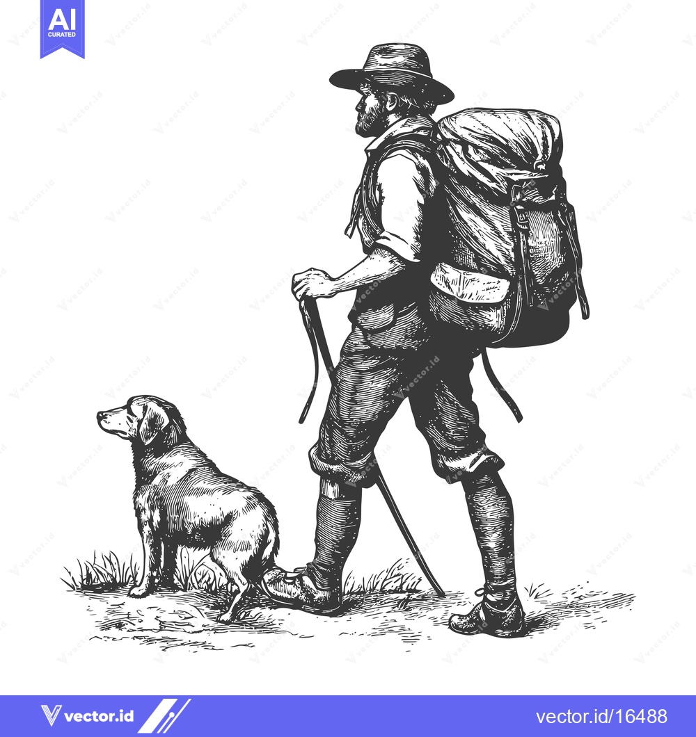 Premium Vector dari A man with a backpack and a dog, walking in the woods