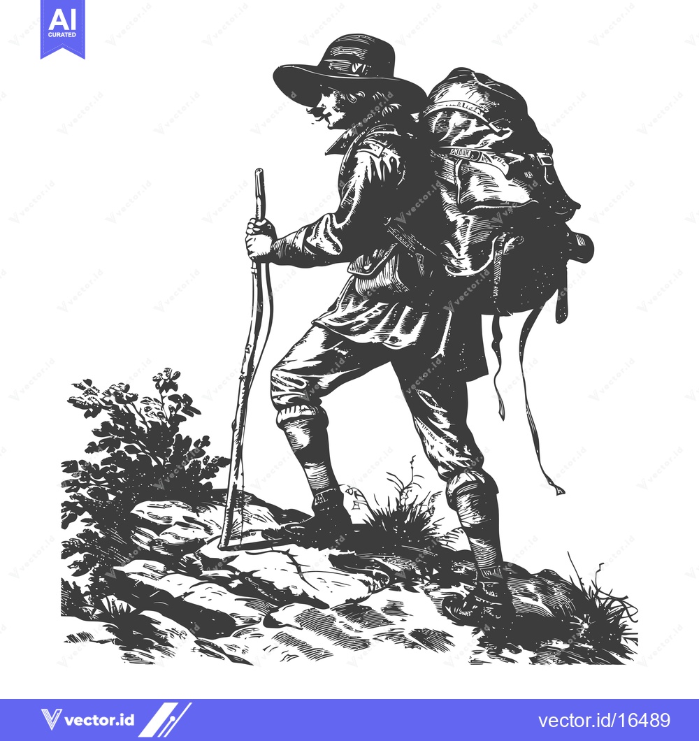 Premium Vector of A Man With A Backpack And Hiking Stick Hiking Up A Mountain
