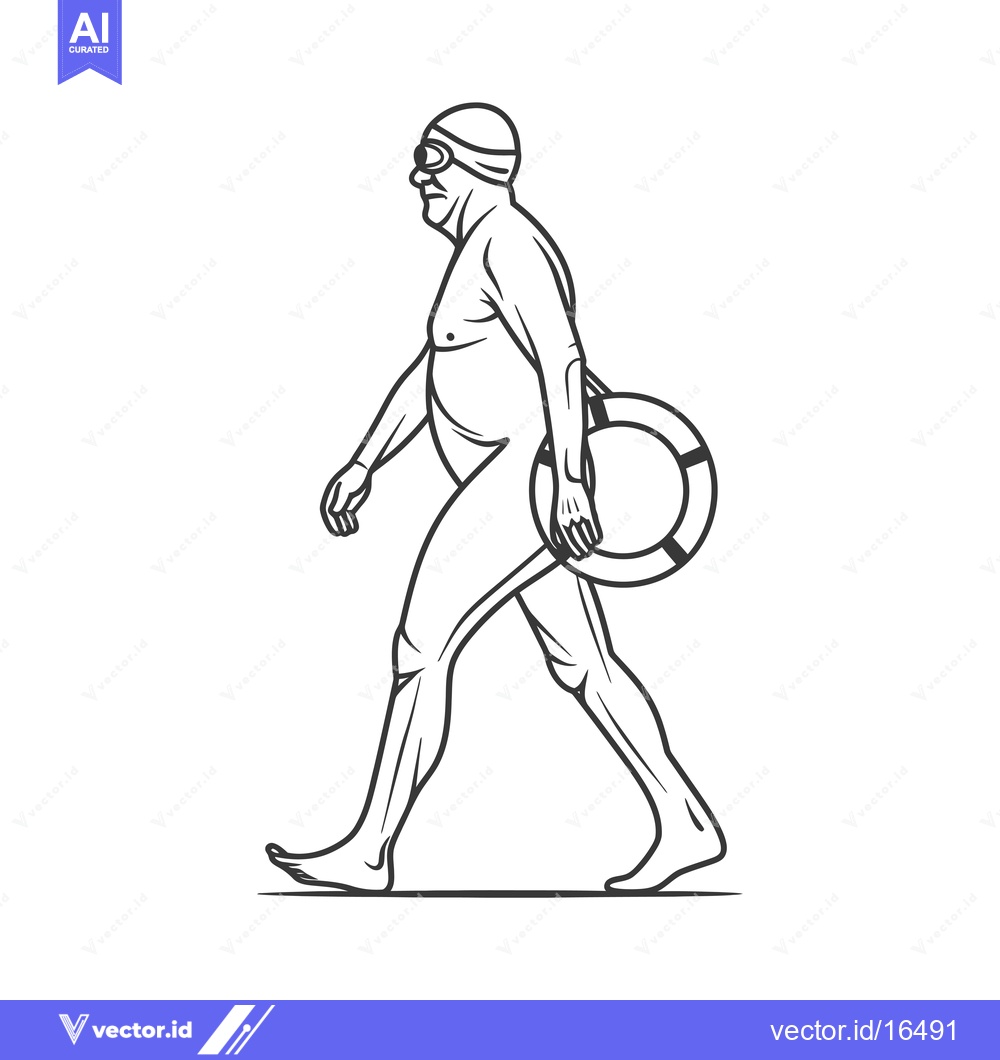 Premium Vector dari A man with a life preserver walking in a swimsuit