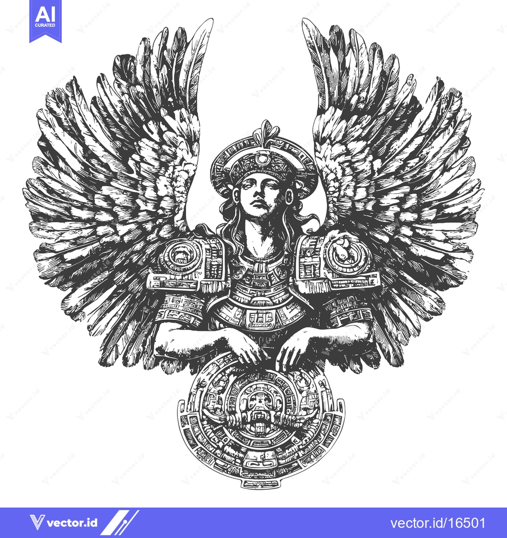 Premium Vector dari A Mayan Deity with Feathered Wings and a Sacred Disk