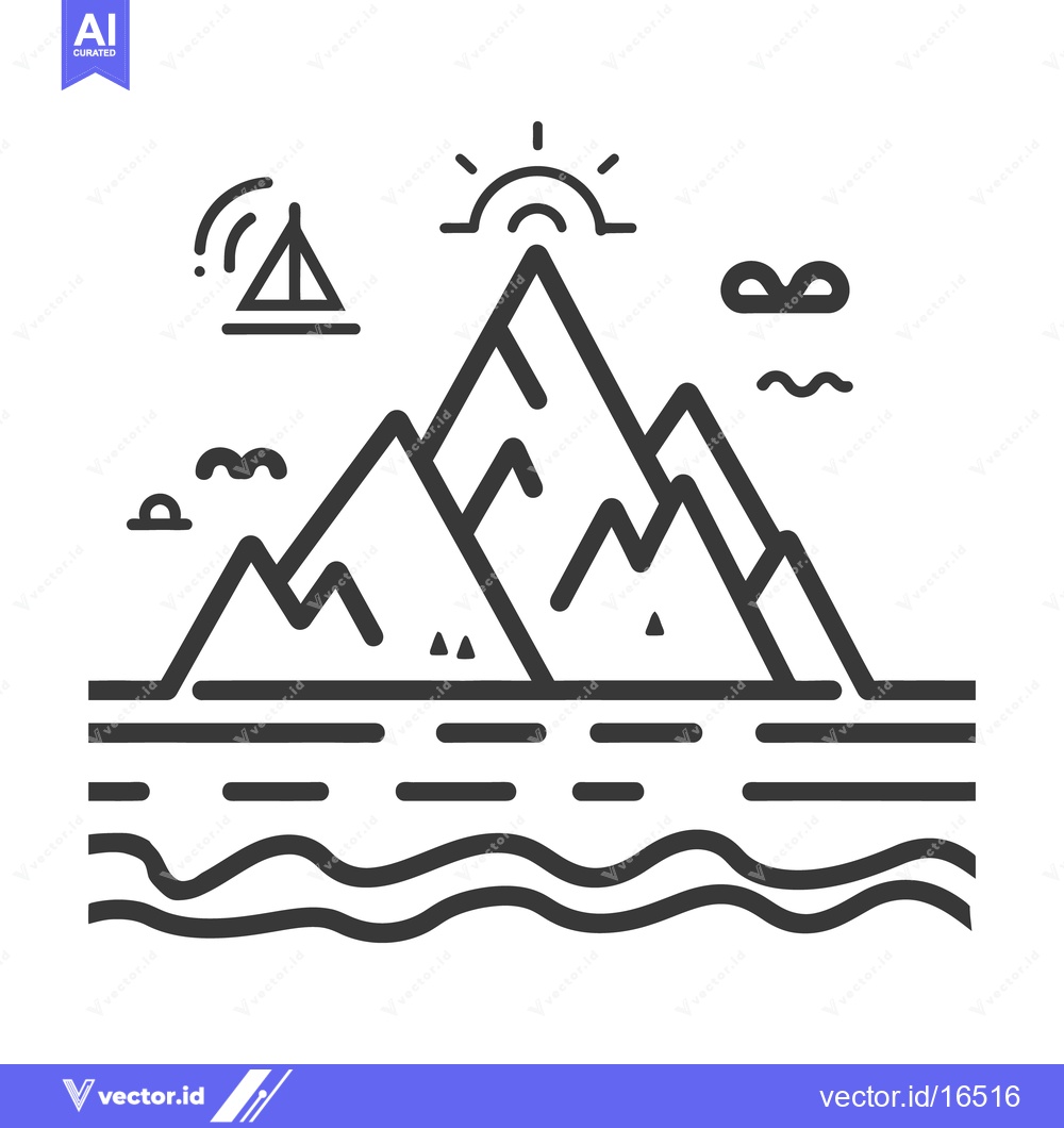 Premium Vector dari Simple line drawing depicts mountains near water and a sunrise