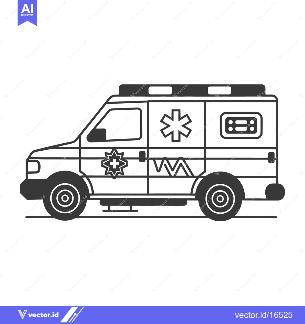 Premium Vector dari A black and white illustrated ambulance vehicle on a white background