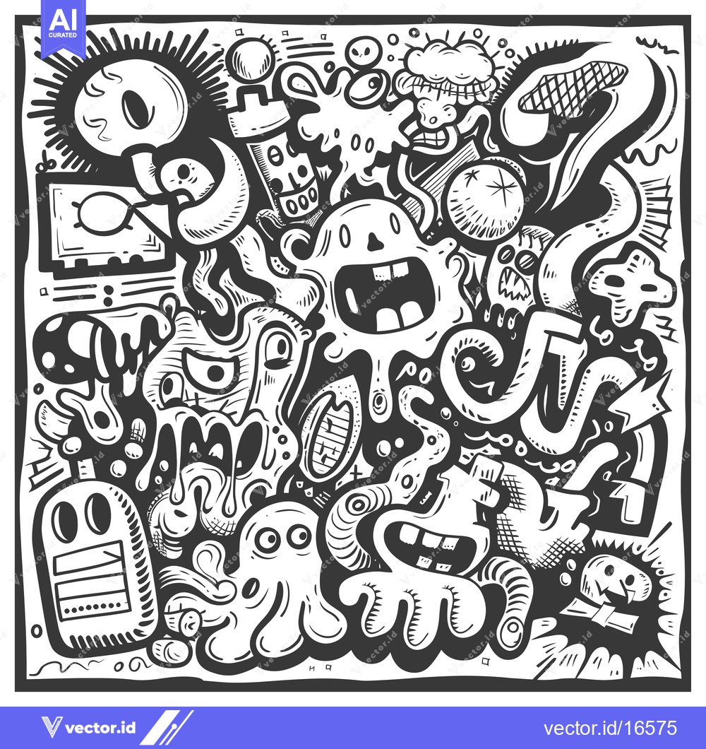 Premium Vector dari A Monochromatic Doodle of Various Abstract Creatures