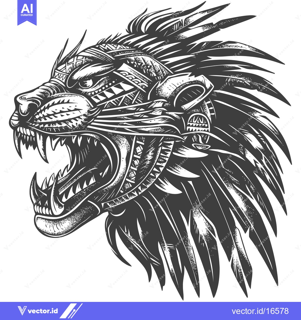 Premium Vector of A Monochromatic Illustration of a Lion's Head Decorated with Feathers