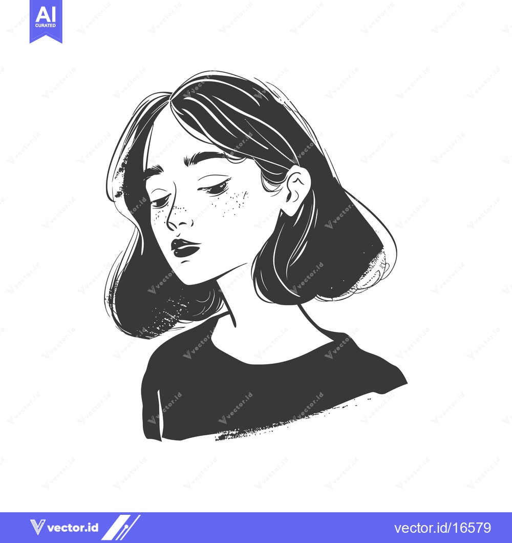 Premium Vector dari A monochrome illustration of a young woman with short hair and freckle