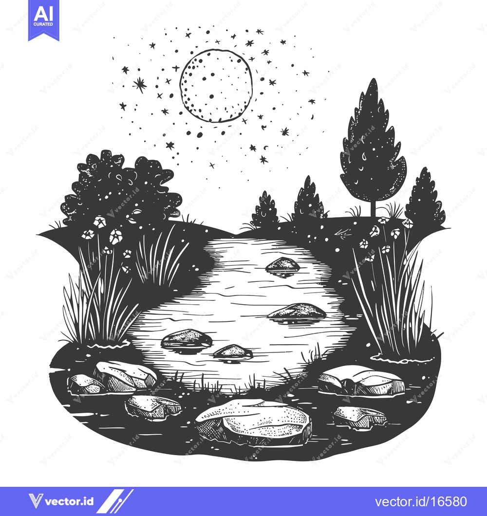 Premium Vector dari A Moonlight Night Scene with a River, Trees, and Rocks