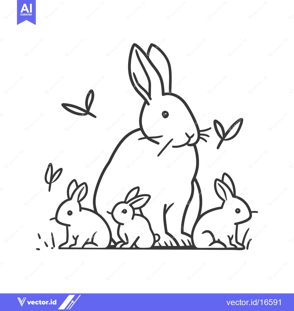 Premium Vector dari A Mother Rabbit and Her Three Baby Bunnies in a Meadow