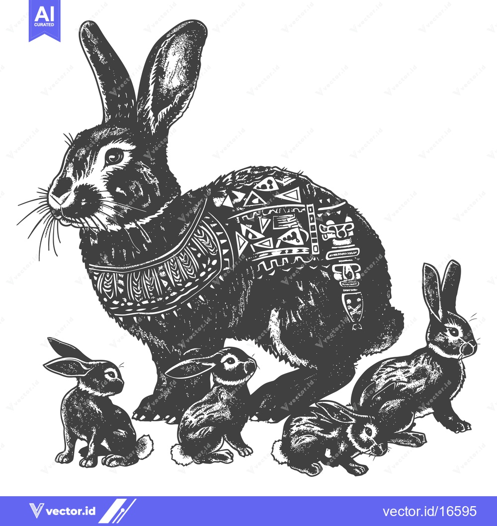 Premium Vector dari A mother rabbit with her three kits, adorned with geometric patterns