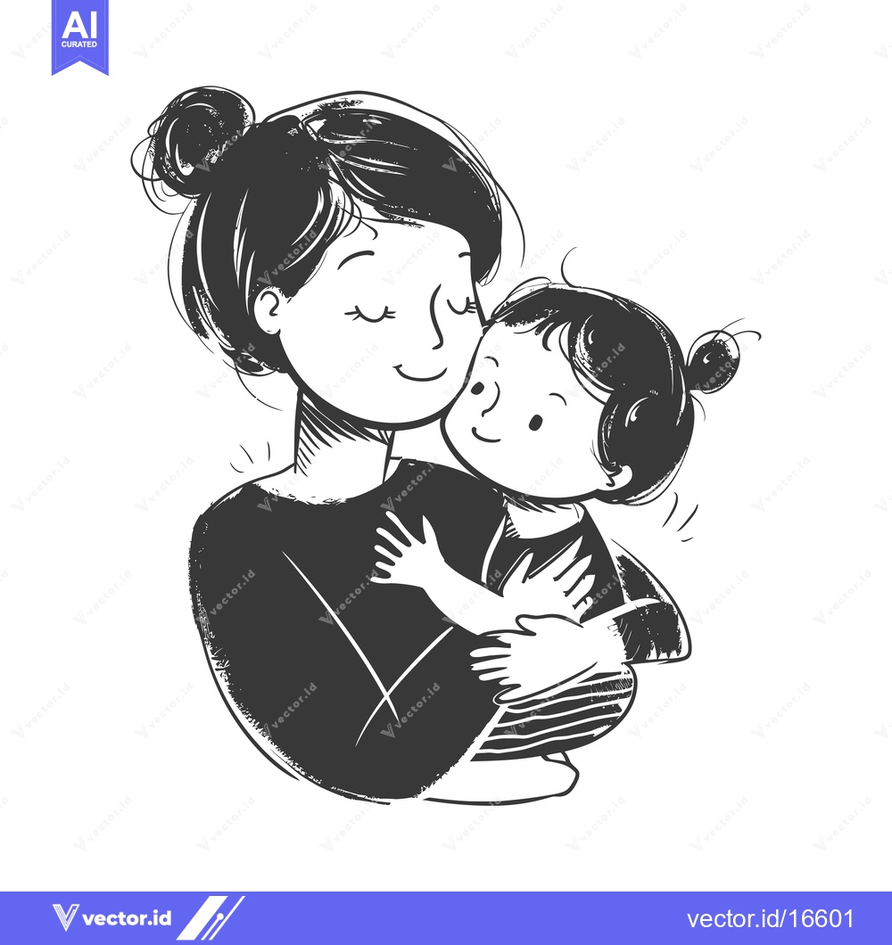 Premium Vector of A mother with her daughter in a tender embrace, depicted in a black an