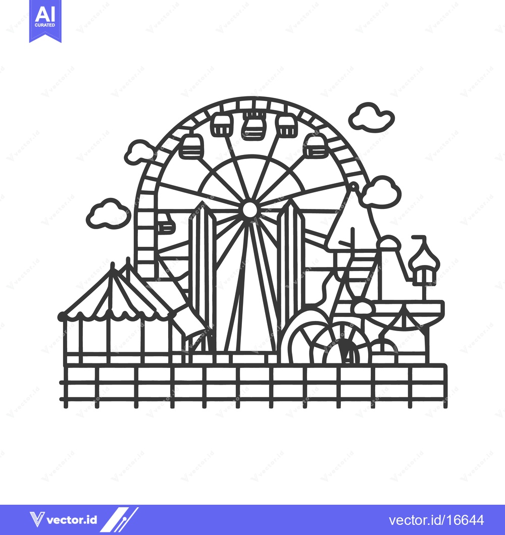 Premium Vector dari A detailed black and white line drawing of a fairground scene
