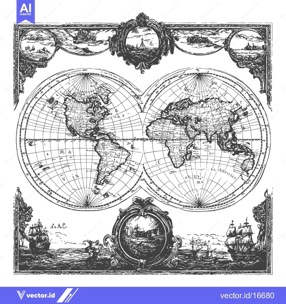 Premium Vector dari An Antique World Map Framed by Nautical Scenes and Ornate Designs