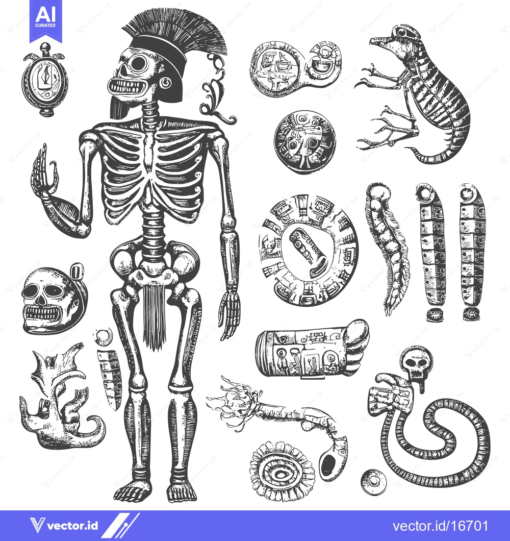 Premium Vector dari An Aztec Skeleton Warrior with Other Mythological Creatures