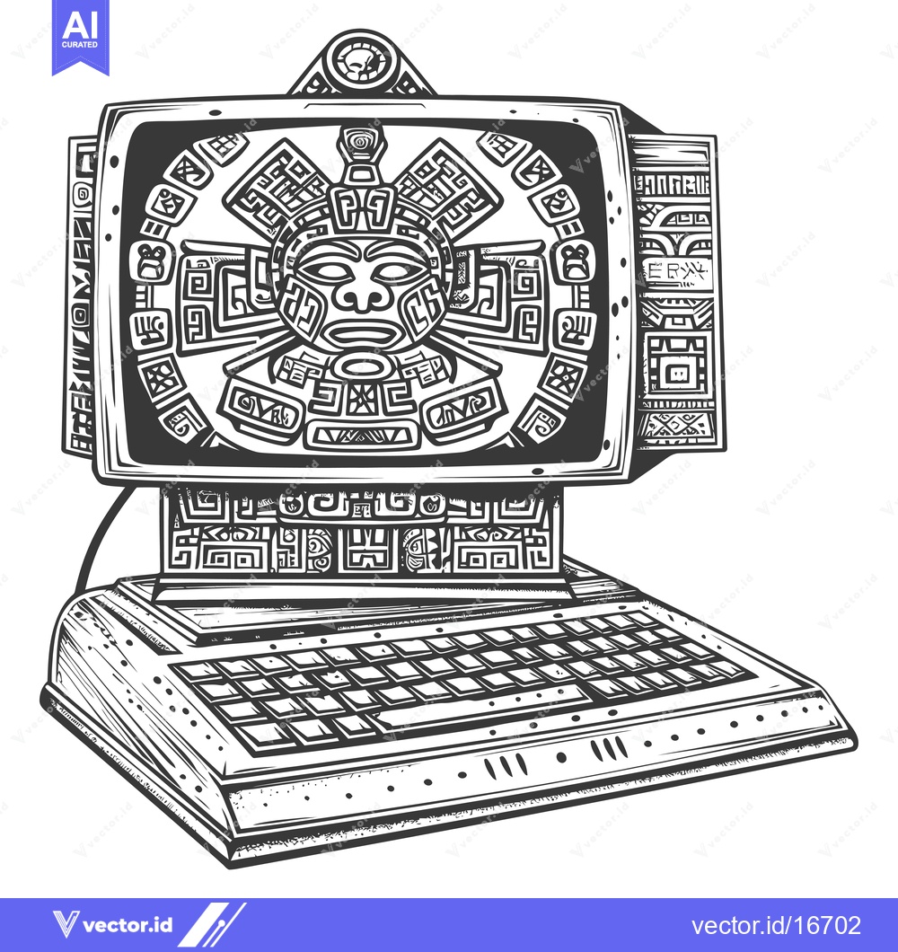 Premium Vector of An Aztec-Style Computer With a Mayan Mask Display