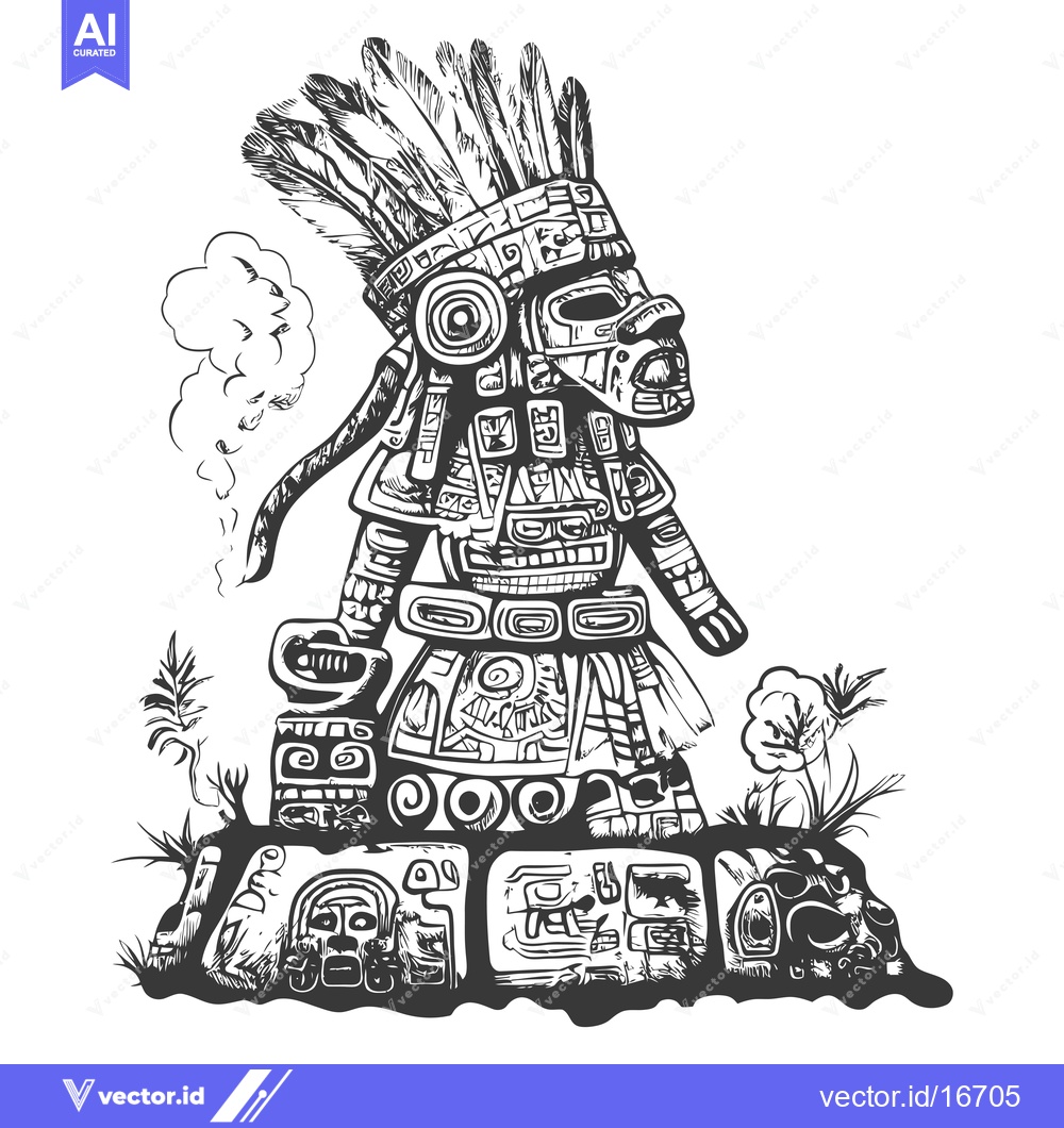 Premium Vector dari An Aztec Warrior with Elaborate Headwear Standing on a Stone Platform