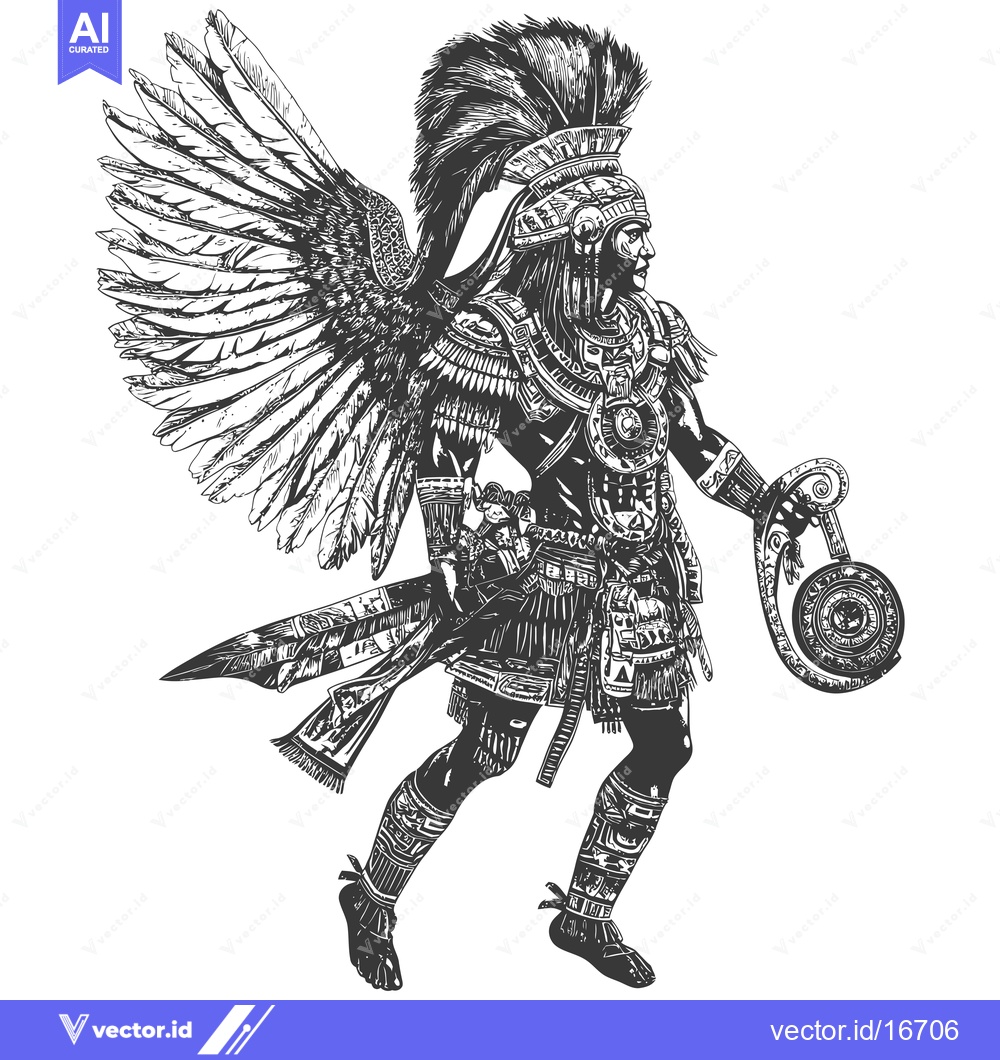 Premium Vector dari An Aztec Warrior with Feathered Headdress and Winged Garment
