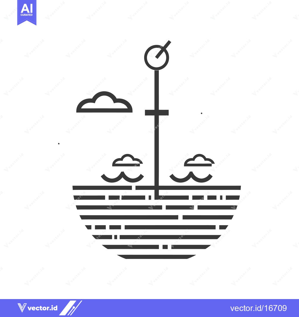 Premium Vector dari Anchor with Clouds and Striped Sea in Minimalist Design