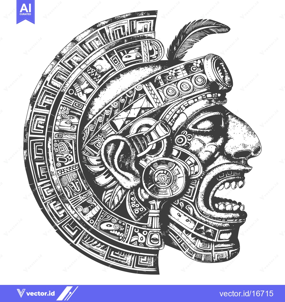Premium Vector of Ancient Aztec God with Feather Headdress and Intricate Geometric Desig