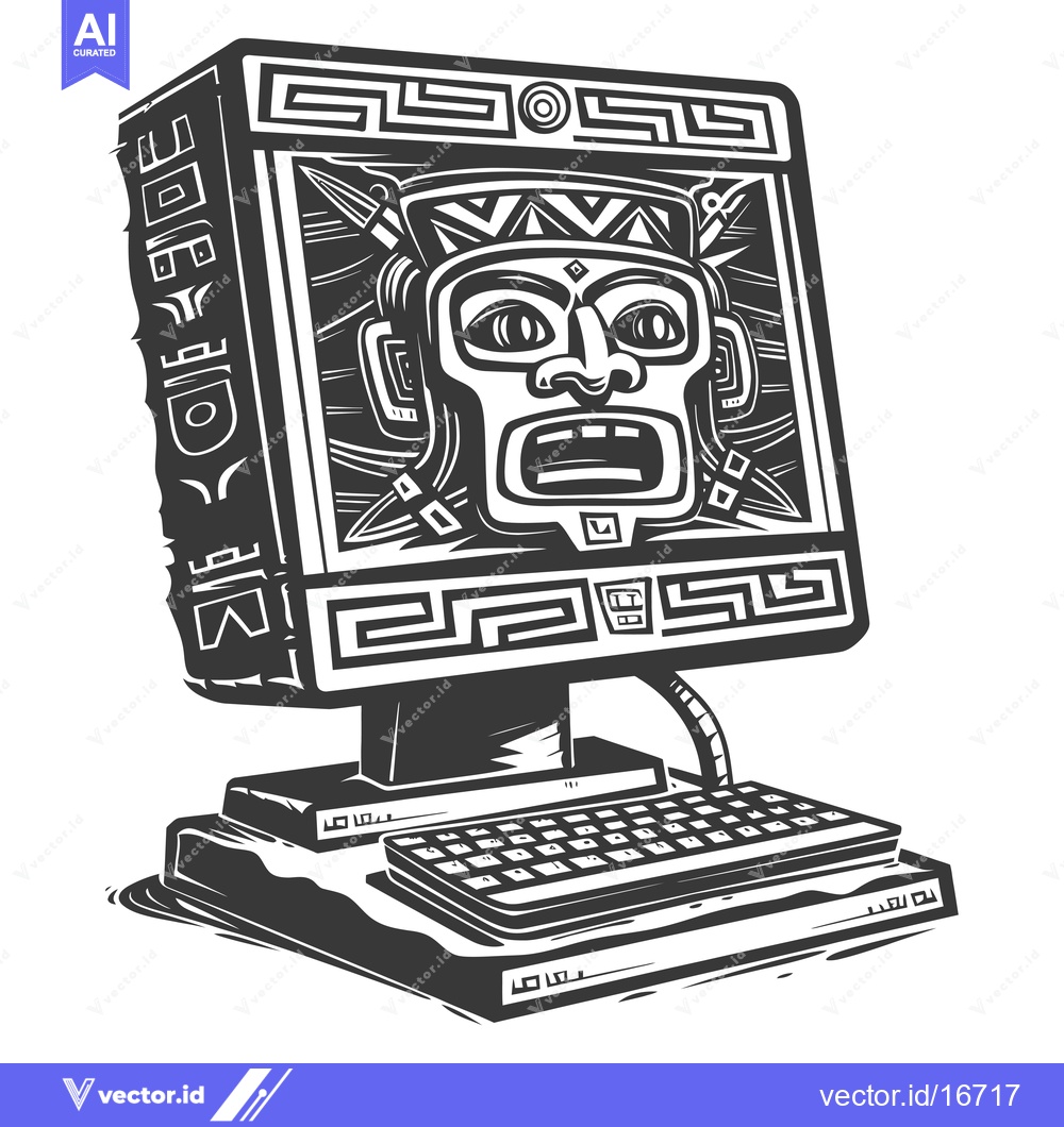 Premium Vector of Ancient Aztec Mask Inside a Retro Computer
