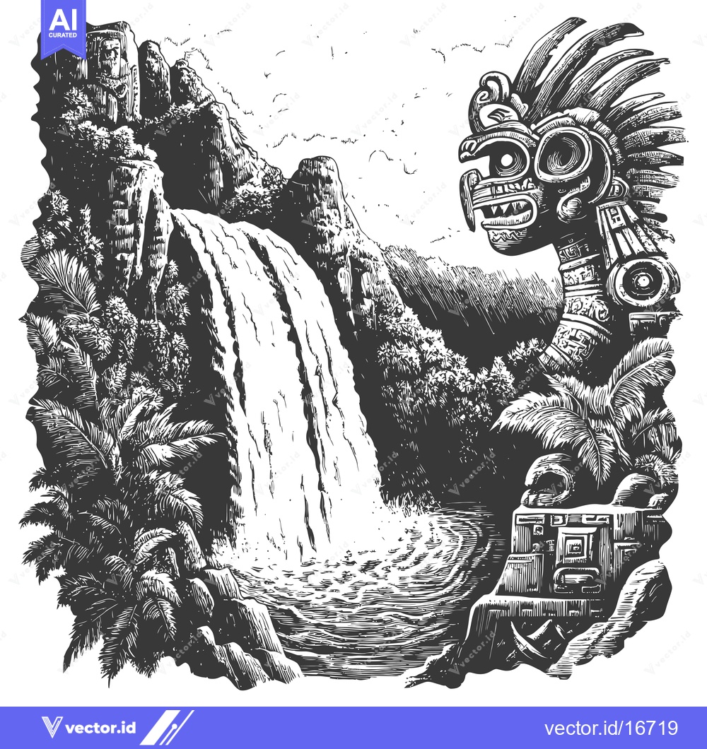 Premium Vector dari Ancient Aztec Sculpture and Waterfall in a Lush Jungle