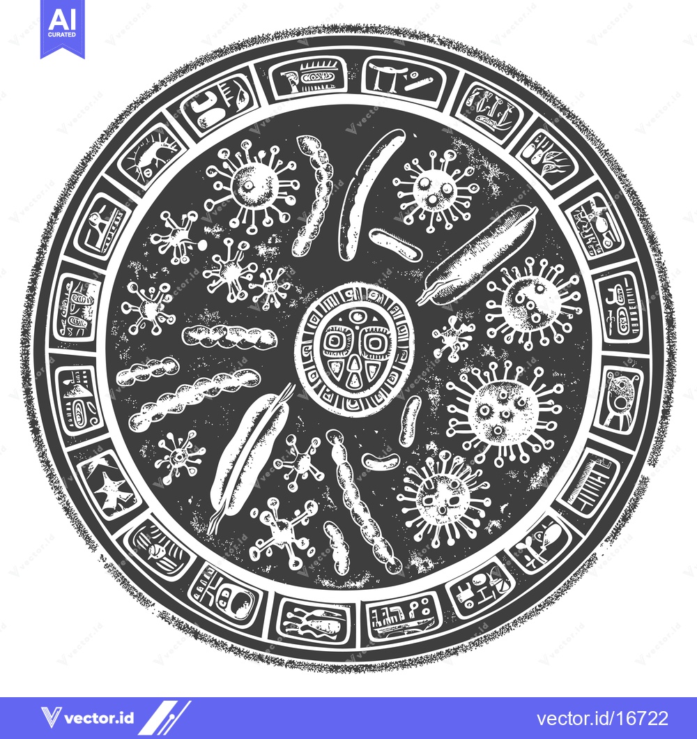Premium Vector dari Ancient Circular Symbol with Viruses, Bacteria, and Glyphs
