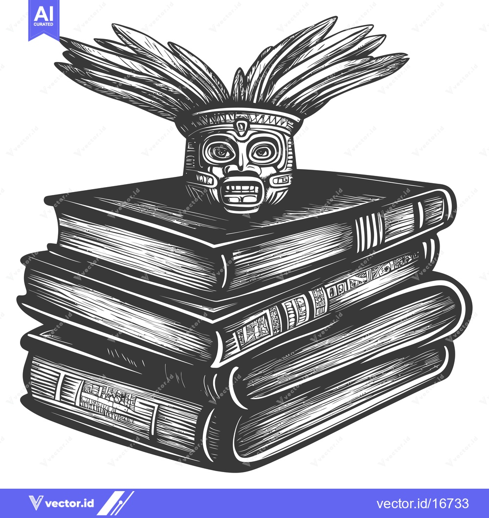 Premium Vector of Ancient Mask Adorned Stack of Books