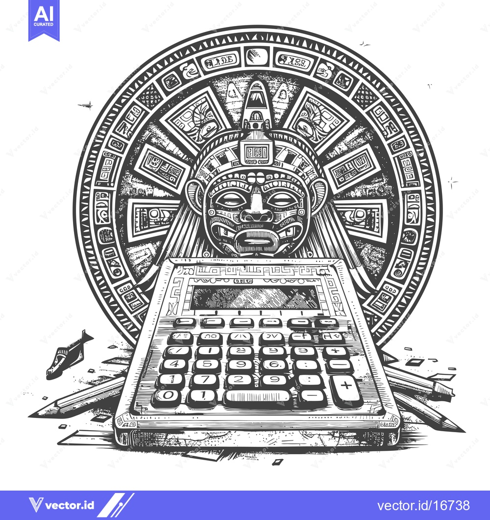 Premium Vector of Ancient Mayan Calendar Symbol and Calculator with Pencils