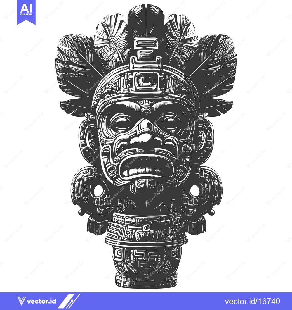 Premium Vector of Ancient Mayan Carved Stone Face with Feathers