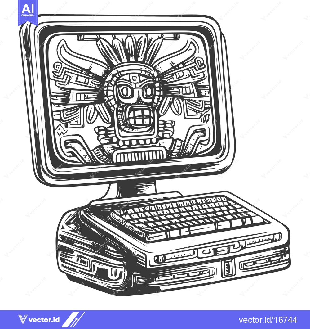 Premium Vector of Ancient Mayan Deity Displayed on a Vintage Computer Monitor