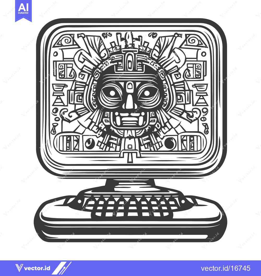 Premium Vector of Ancient Mayan Deity Face on a Computer Screen