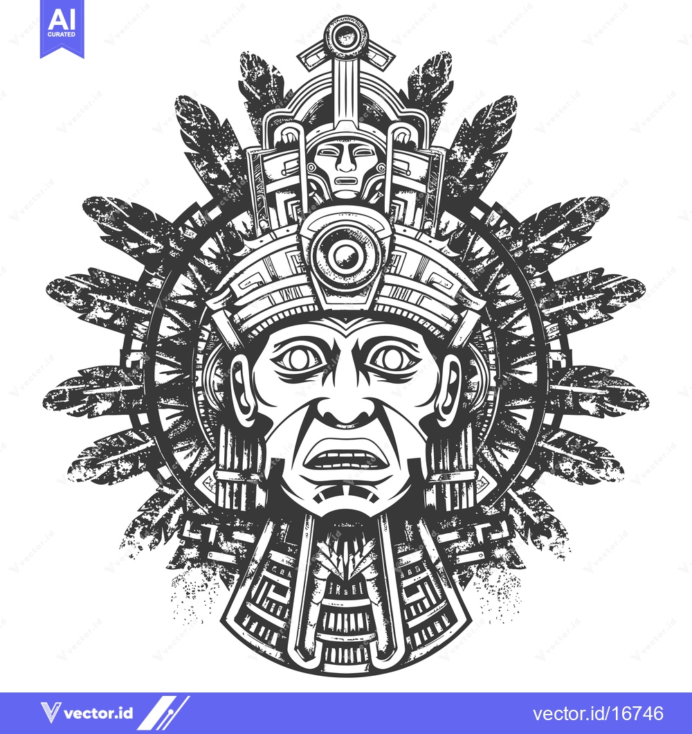 Premium Vector of Ancient Mayan Deity with Feather Headdress and Geometric Patterns