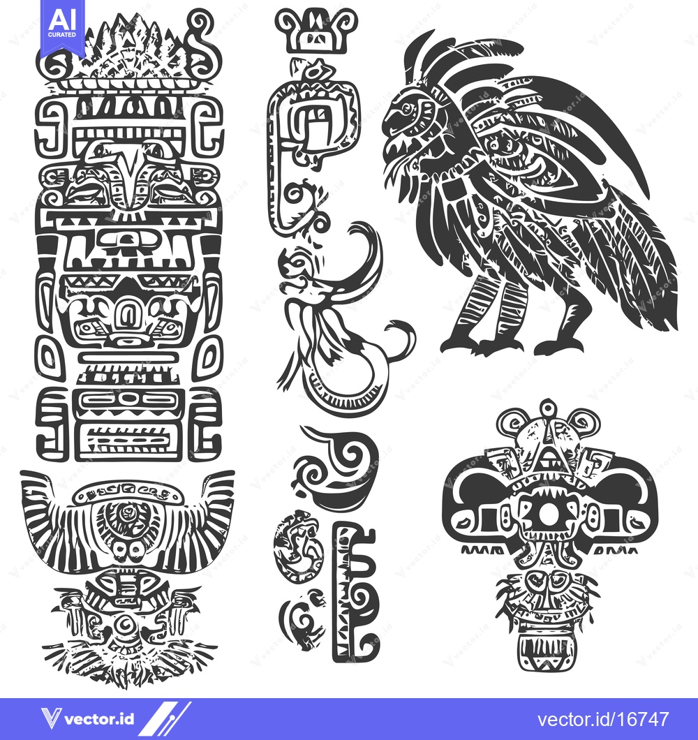 Premium Vector dari Ancient Mayan Glyphs and Stylized Bird Design