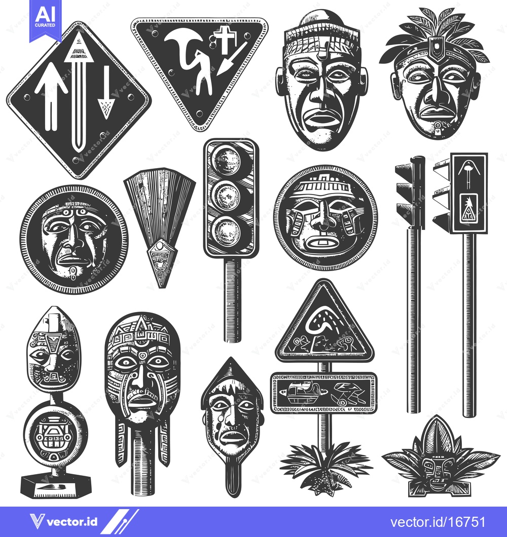 Premium Vector dari Ancient Mayan Masks and Traffic Signs in Black and White