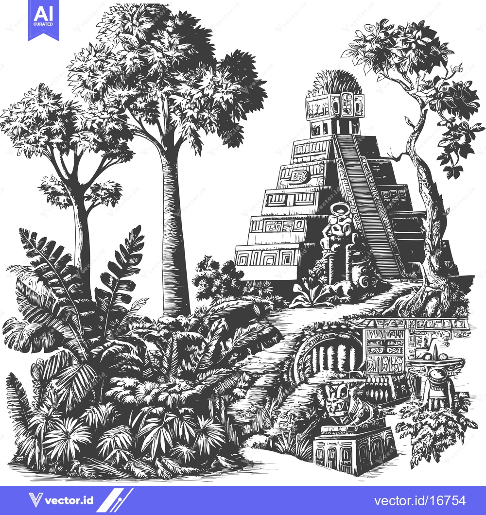 Premium Vector dari Ancient Mayan Pyramid with Jungle Foliage and Stairway