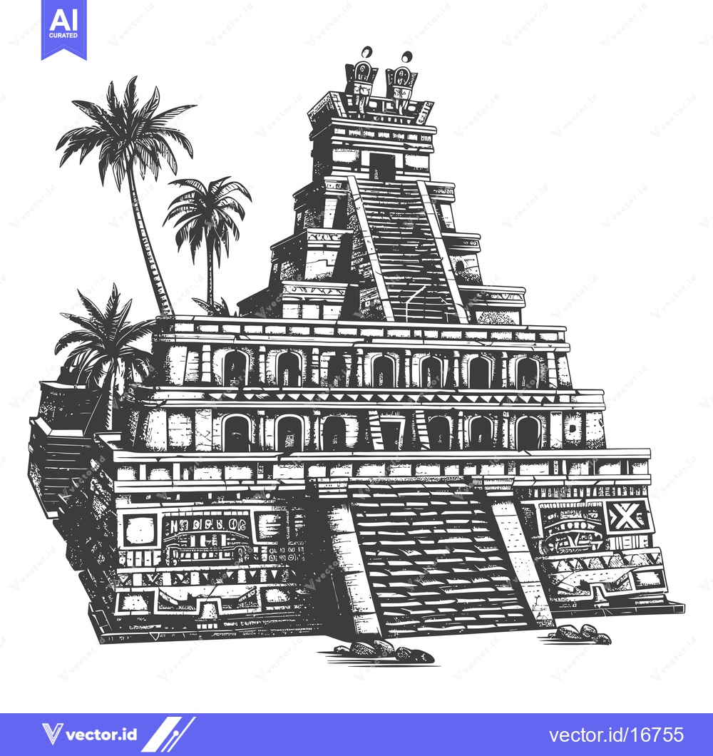 Premium Vector of Ancient Mayan Pyramid with Palm Trees