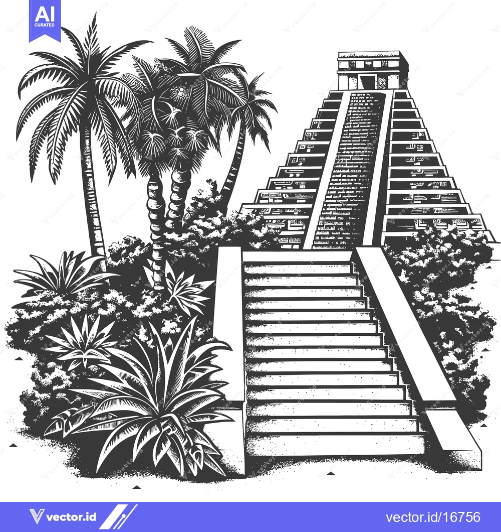 Premium Vector dari Ancient Mayan Pyramid with Tropical Palm Trees and Steps