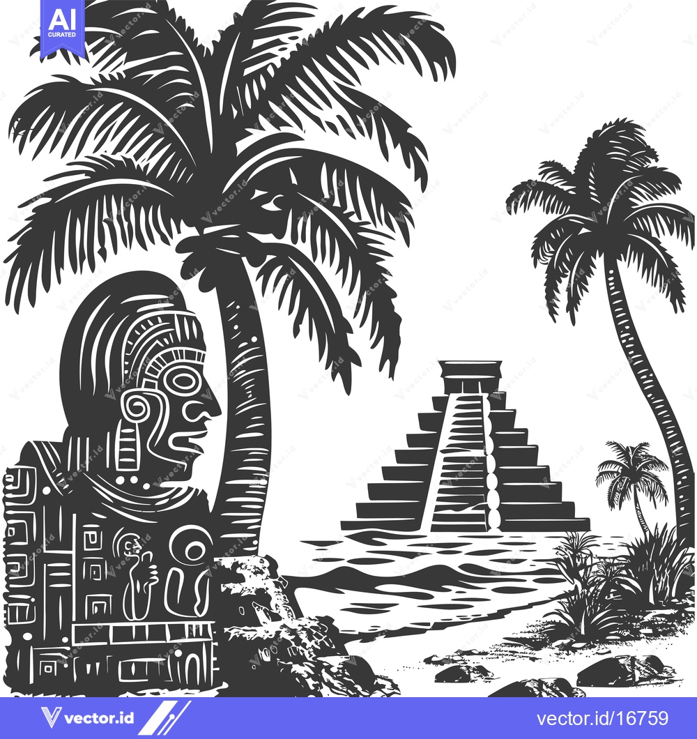 Premium Vector of Ancient Mayan Ruins with Palm Trees and a Stone Idol