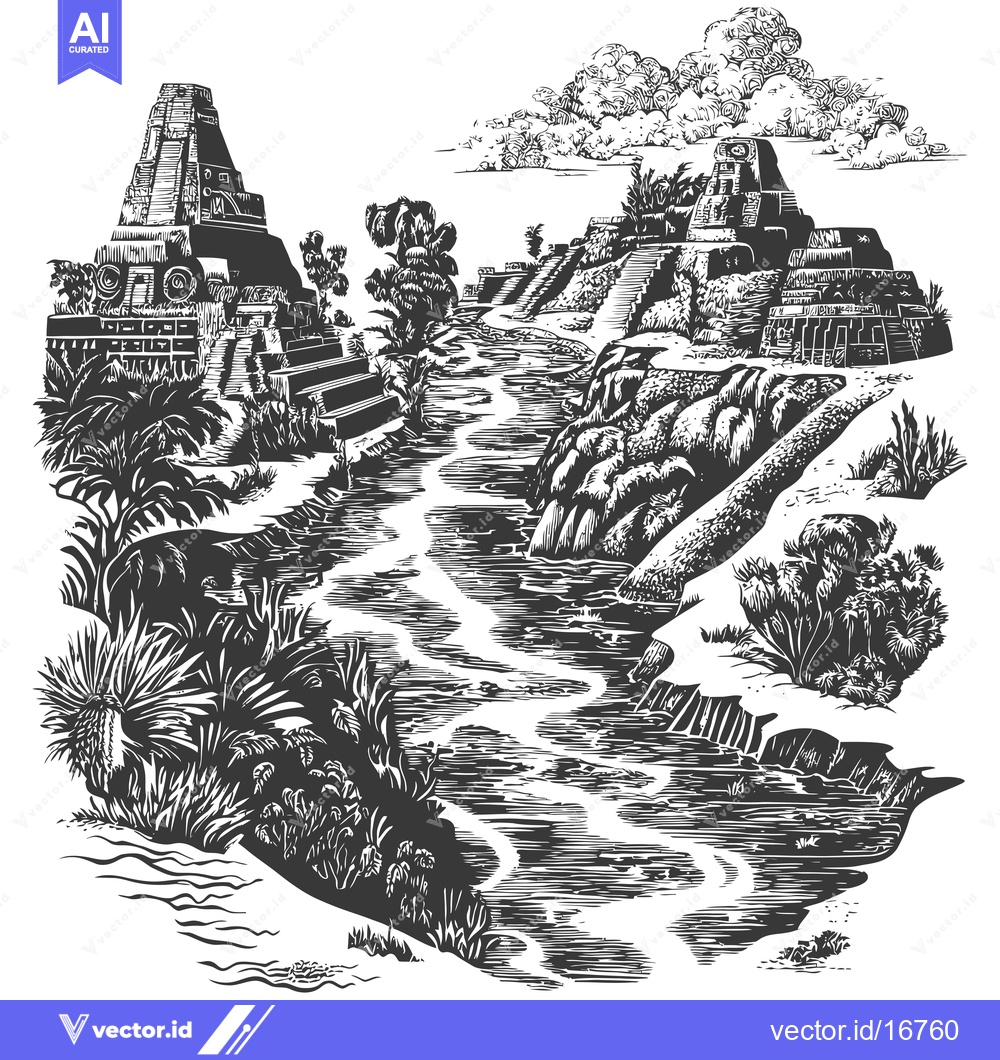 Premium Vector dari Ancient Mayan Ruins With River and Lush Vegetation