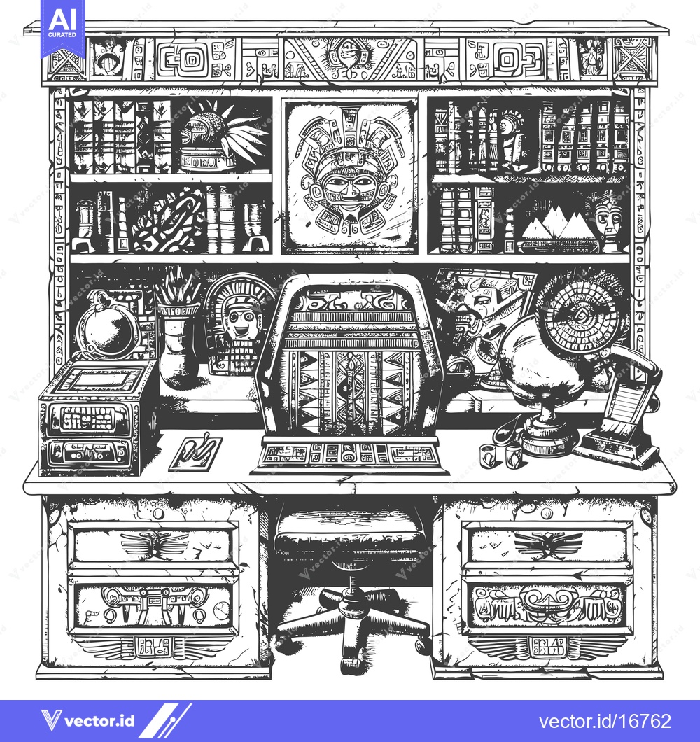 Premium Vector dari Ancient Mayan-Style Desk with Carvings and Artifacts