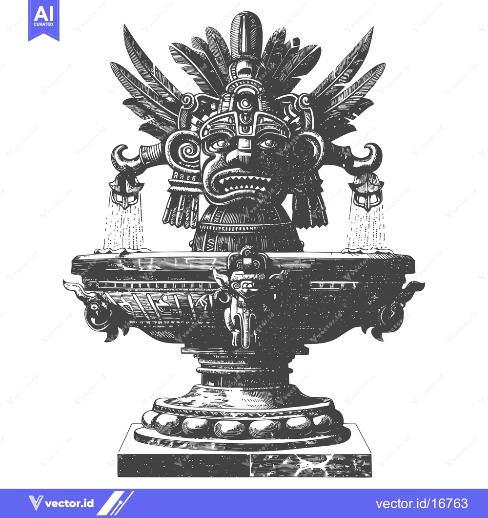 Premium Vector dari Ancient Mayan-Style Fountain with Carved Face and Spouts