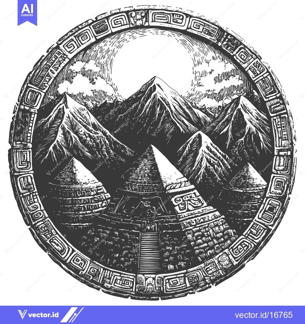 Premium Vector dari Ancient Mayan Temple and Mountains in a Circular Frame