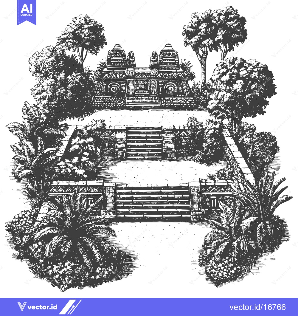 Premium Vector of Ancient Mayan Temple Entrance Surrounded by Lush Tropical Vegetation