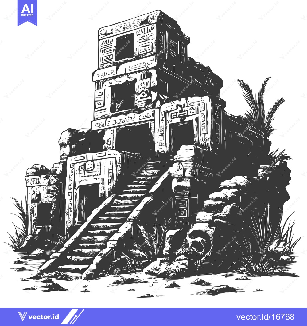 Premium Vector dari Ancient Mayan Temple Ruins with Skull and Steps