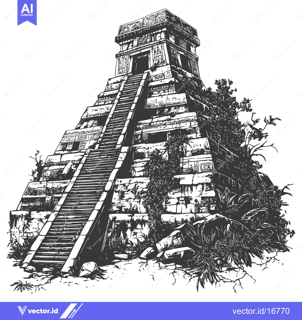 Premium Vector of Ancient Mayan Temple with Staircase and Jungle Foliage
