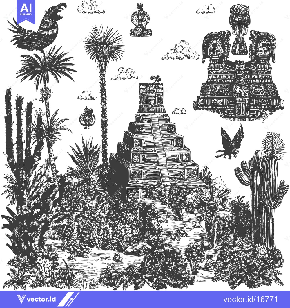 Premium Vector dari Ancient Mayan Temple with Surrounding Flora and Fauna