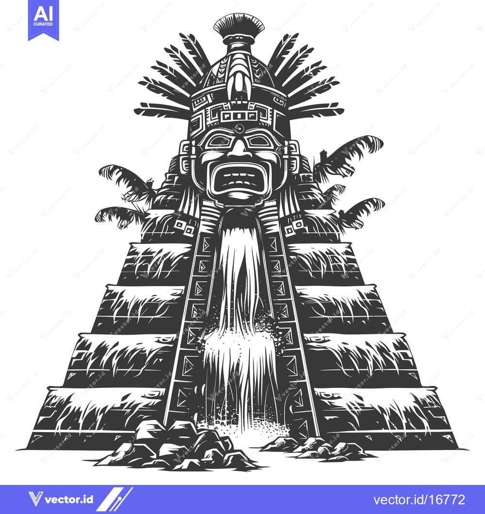 Premium Vector dari Ancient Mayan Temple with Waterfall and Feathers