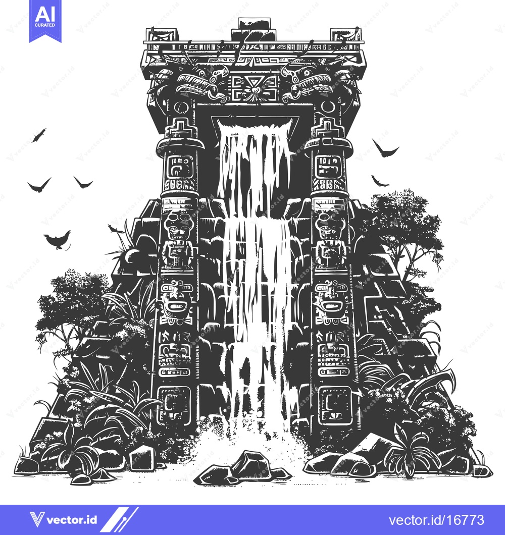 Premium Vector dari Ancient Mayan Temple with Waterfall and Jungle