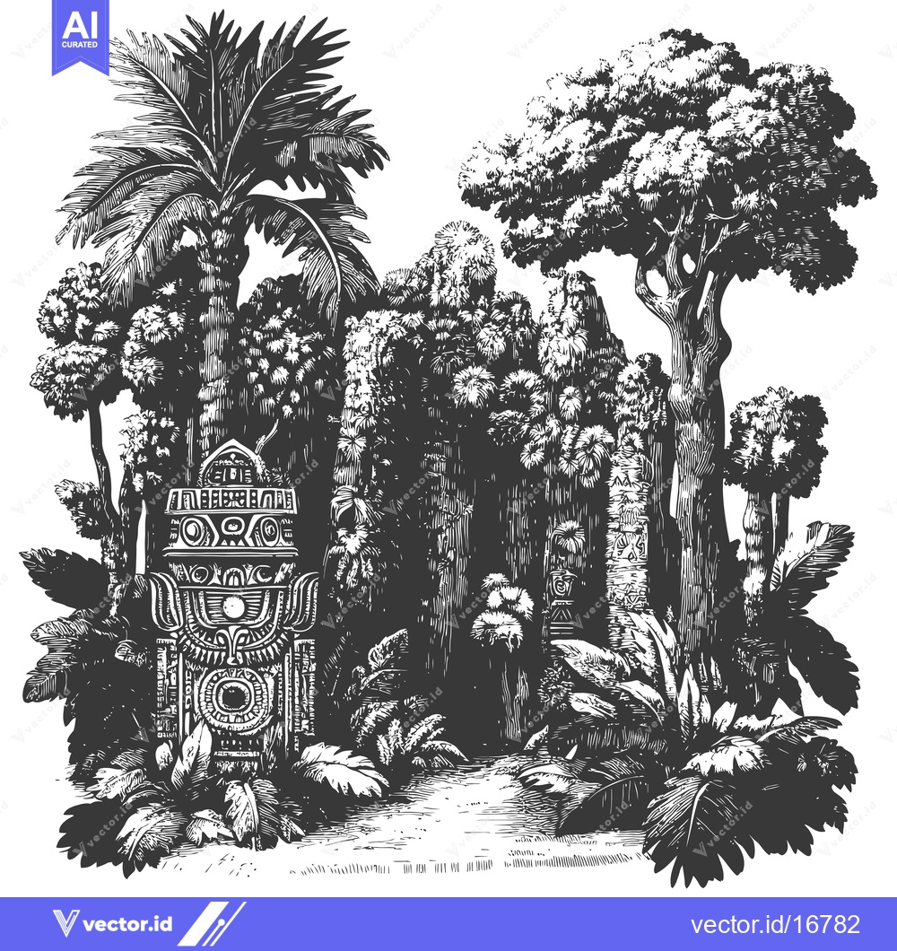 Premium Vector of Ancient Stone Carving in a Tropical Jungle